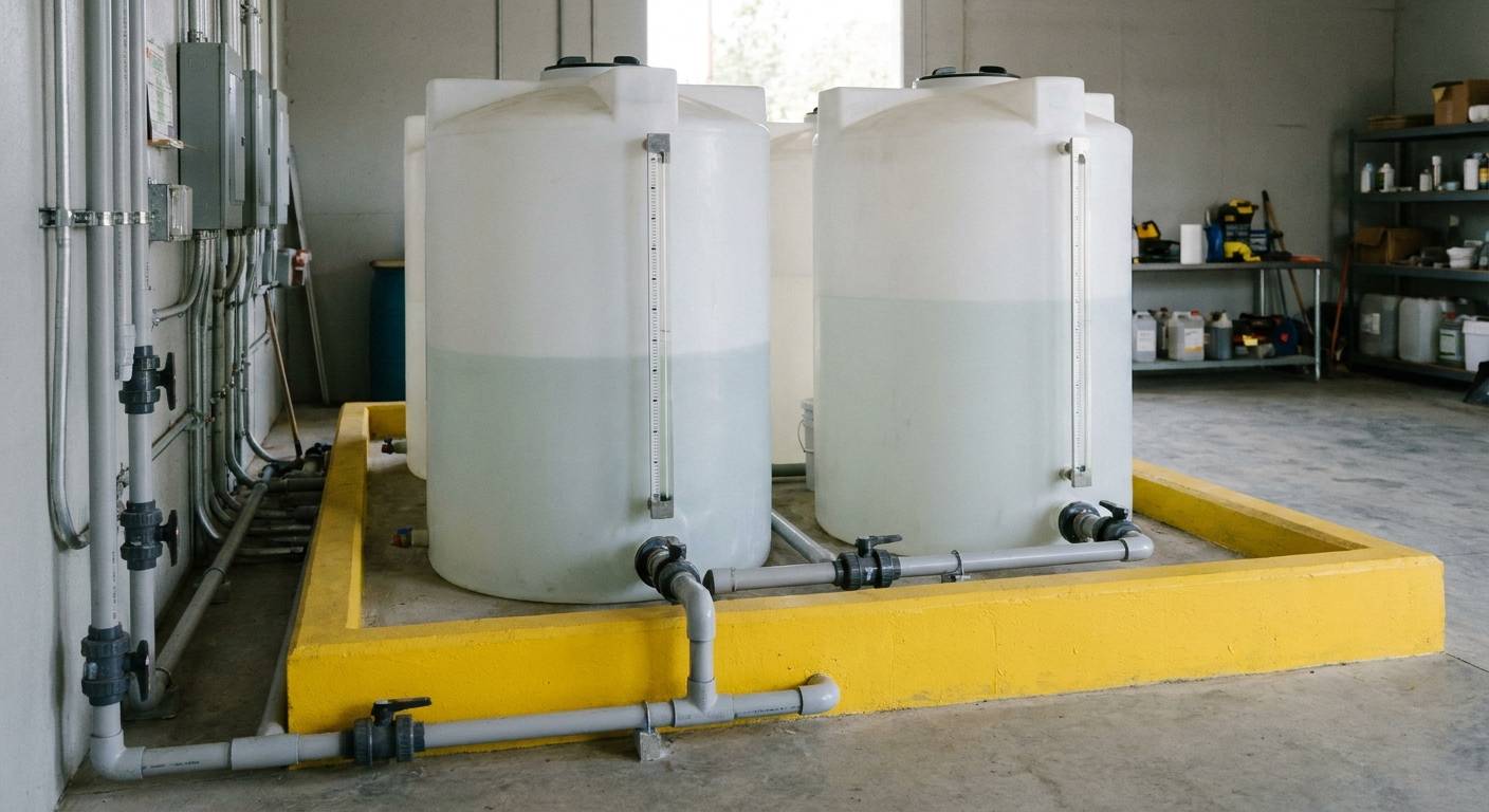 Two white polyethylene chemical day tanks with level gauges inside a yellow secondary containment bund.