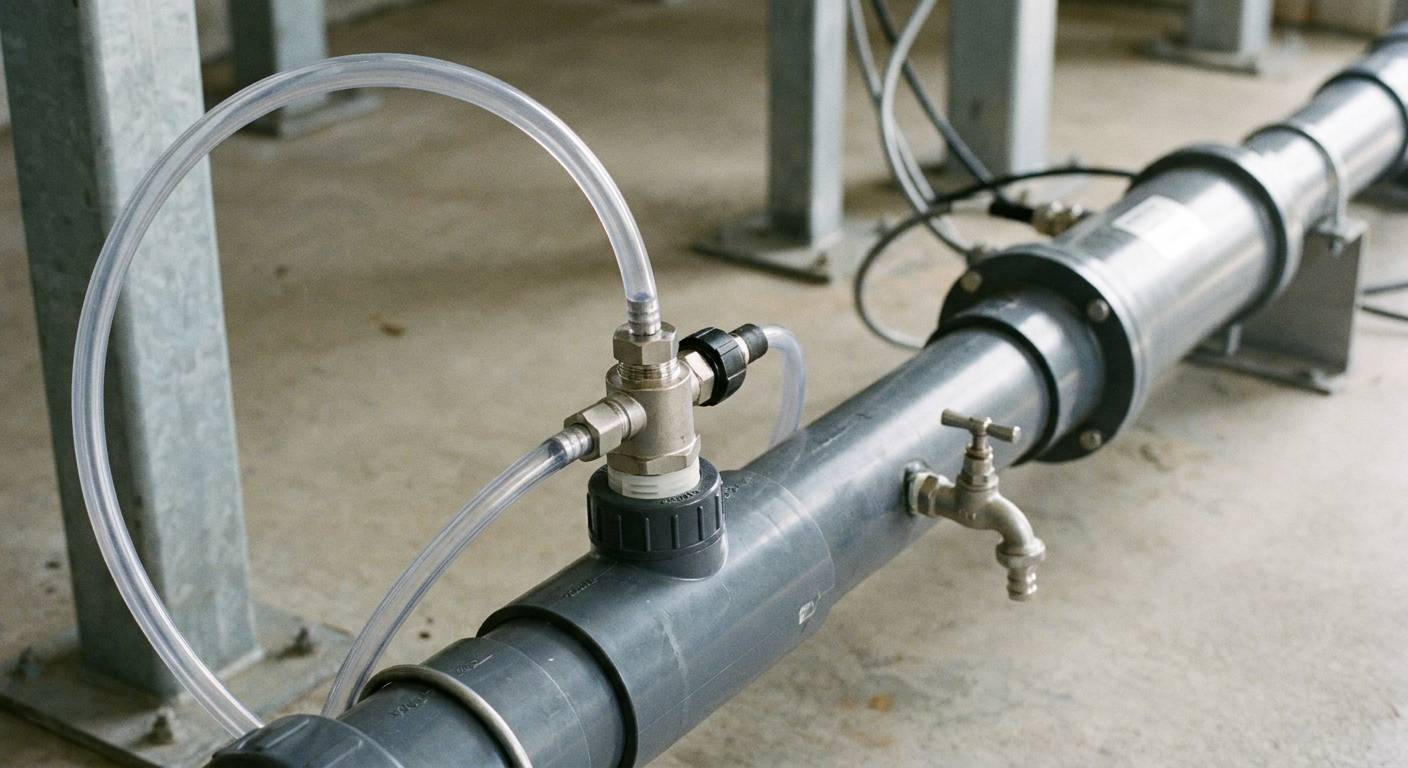 A chemical injection fitting with clear feed tubing and a sample tap on a grey PVC water pipe.