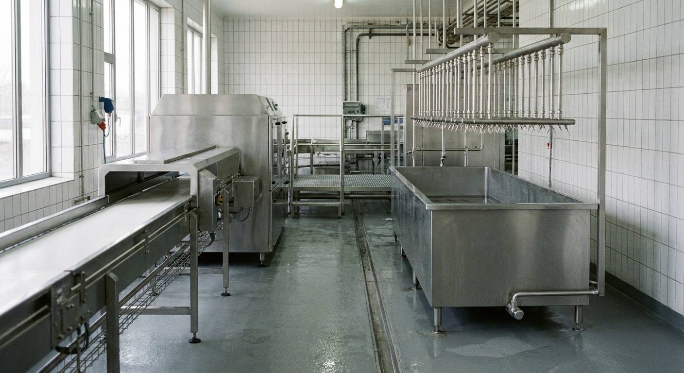 A stainless steel chiller tank and conveyor in a clean food processing plant.