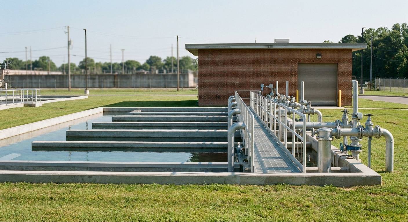 A municipal water treatment plant with concrete contact basins and a brick chemical building.